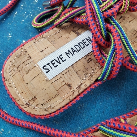 Steve Madden 6.5 Sensible Sandals in Multicolor Pink Blue‎ Yellow tie wrap Ankle - Picture 8 of 11